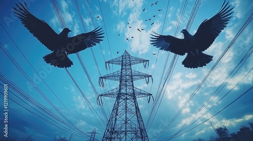 Birds flying near power lines, city skyline