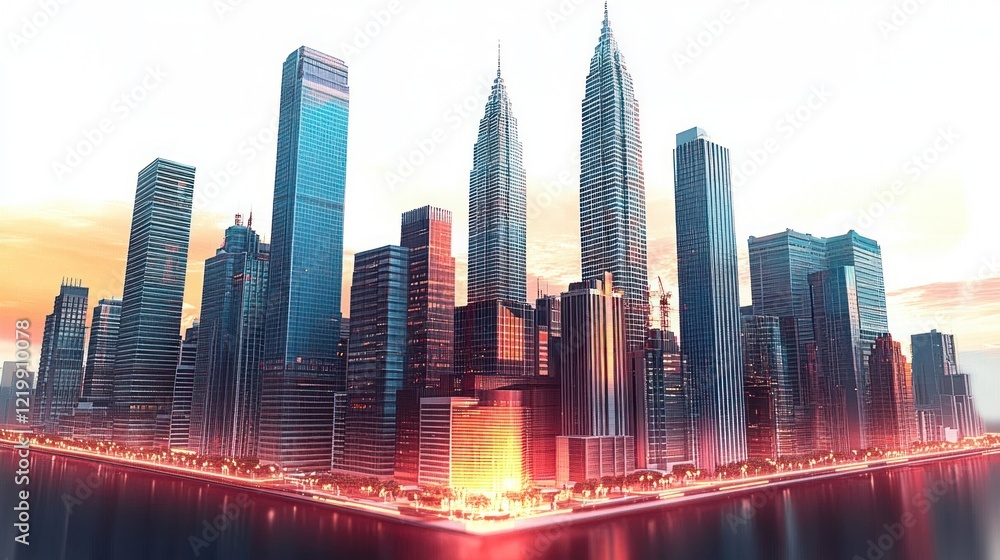 Fototapeta premium Kuala Lumpur Iconic Skyscrapers in Futuristic Minimalist Style with Dramatic Lighting