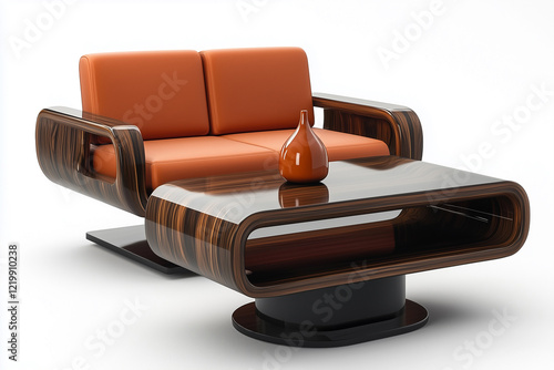 Modern and sleek coffee table with dark, curved wood finish, accompanied by orange upholstered loveseat with matching armrests. photo