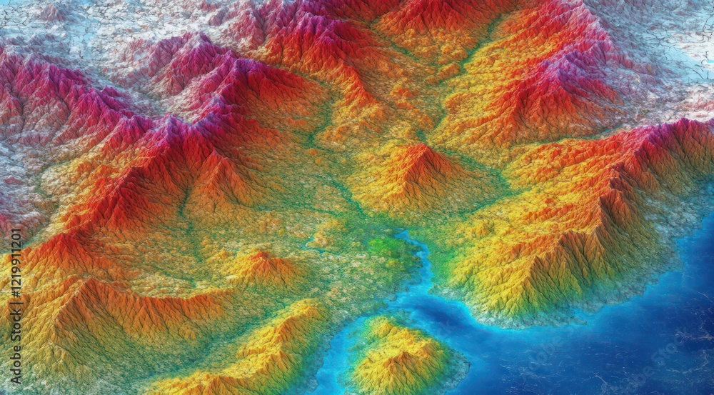 Fototapeta premium Colorful 3D terrain map showcasing mountains and valleys.