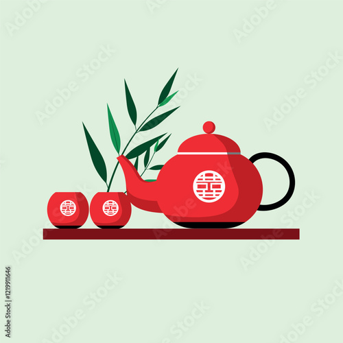 Chinese teapot. Teacup, teapot, and bamboo leaf. afternoon tea ceremony party or breakfast. Flat desgin vector illustration. Isolated background.