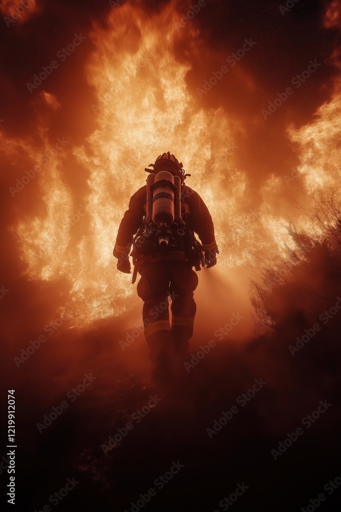 Fototapeta premium A brave firefighter sprays water to extinguish a large fire, wearing protective gear created by ai