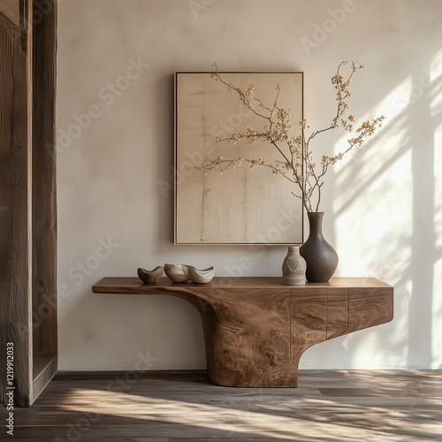 meticulously arranged wabi-sabi style entryway design featuring a weathered walnut console cabinet,simple yet substantial.Exquisite decor pieces,comfortable proportions,cinematic stills