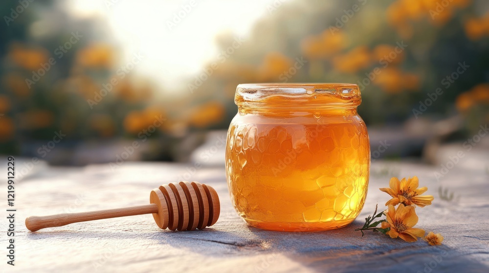 Hyperrealistic Honey in Jar with Dipper Natural Light Food Photography Hyperrealistic Honey in Jar with Dipper Natural Light Food Photography
