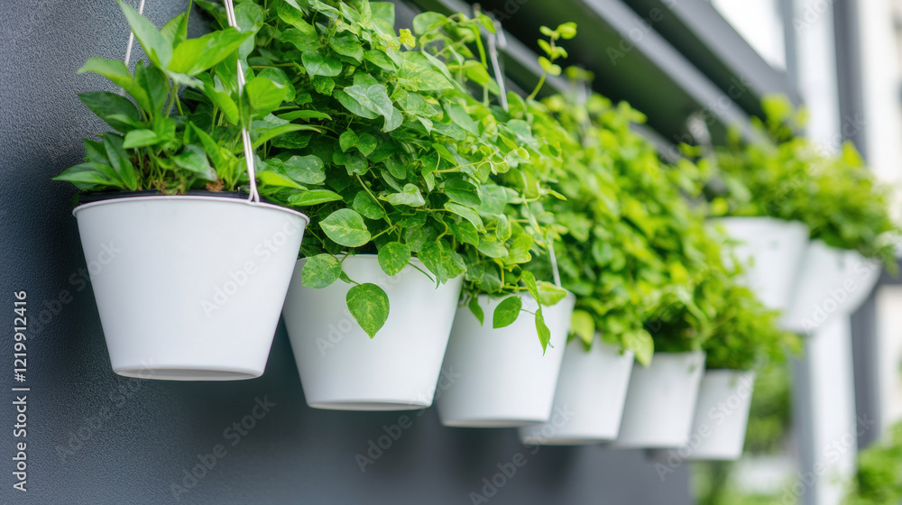 Hanging planters with lush green plants create vibrant balcony garden Hanging planters with lush green plants create vibrant balcony garden