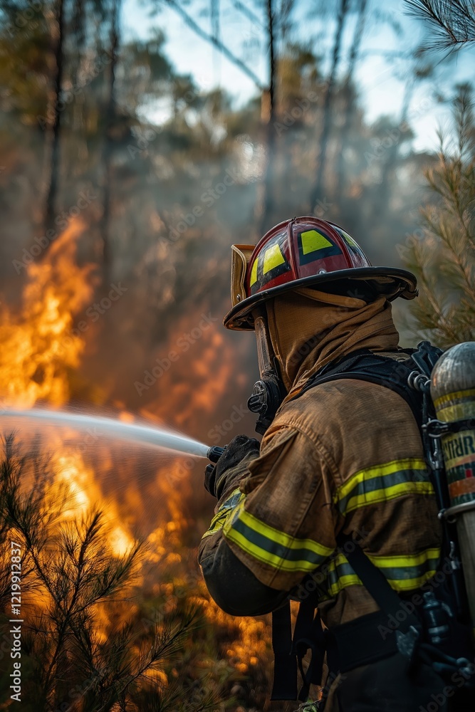 Fototapeta premium A brave firefighter sprays water to extinguish a large fire, wearing protective gear created by ai