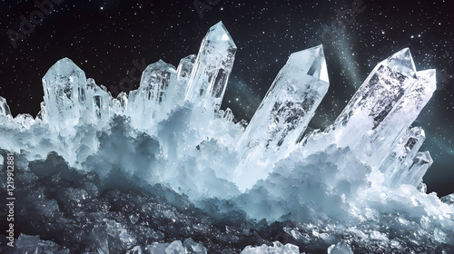 Cinematic iceberg canyon in a pale moonlight setting, with jagged crystal formations refracting faint auroras. Crystal Canyon. Illustration photo