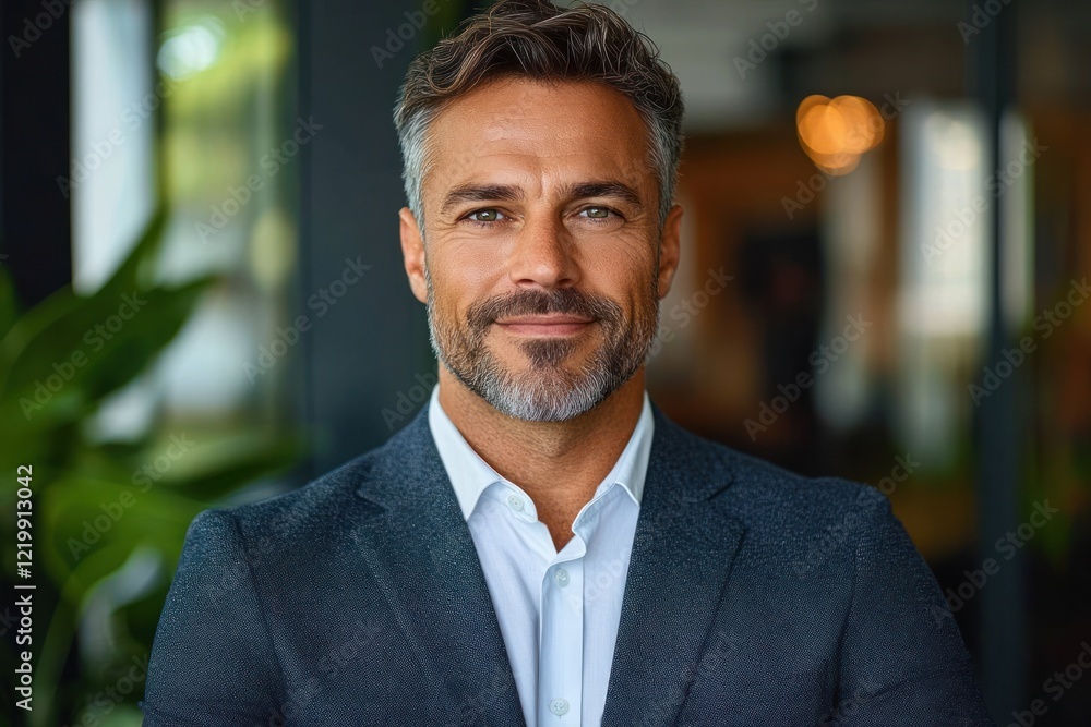 Fototapeta premium Confident Businessman Portrait in Modern Office with Greenery Background and Natural Lighting
