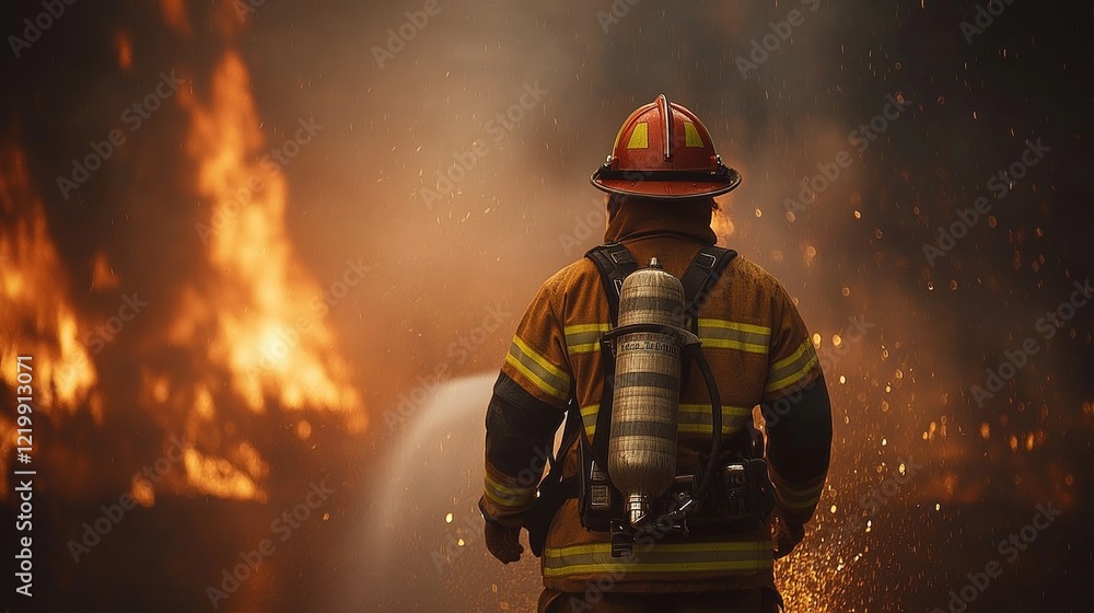 Fototapeta premium A brave firefighter sprays water to extinguish a large fire, wearing protective gear created by ai