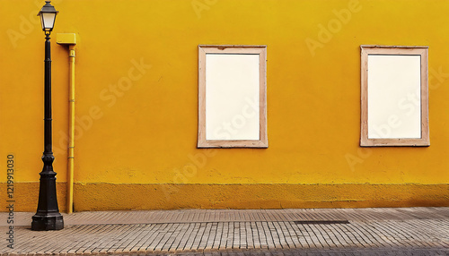 Two vertical empty poster on side of yellow facade of urban building, mock up