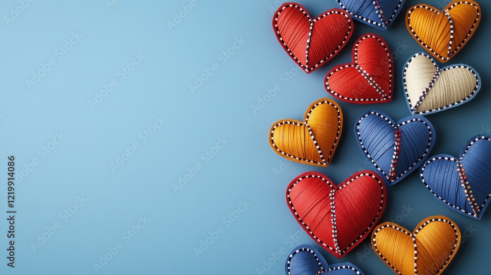 Naklejka premium Colorful fabric hearts arranged on a blue background, symbolizing love and affection., Valentine day concept