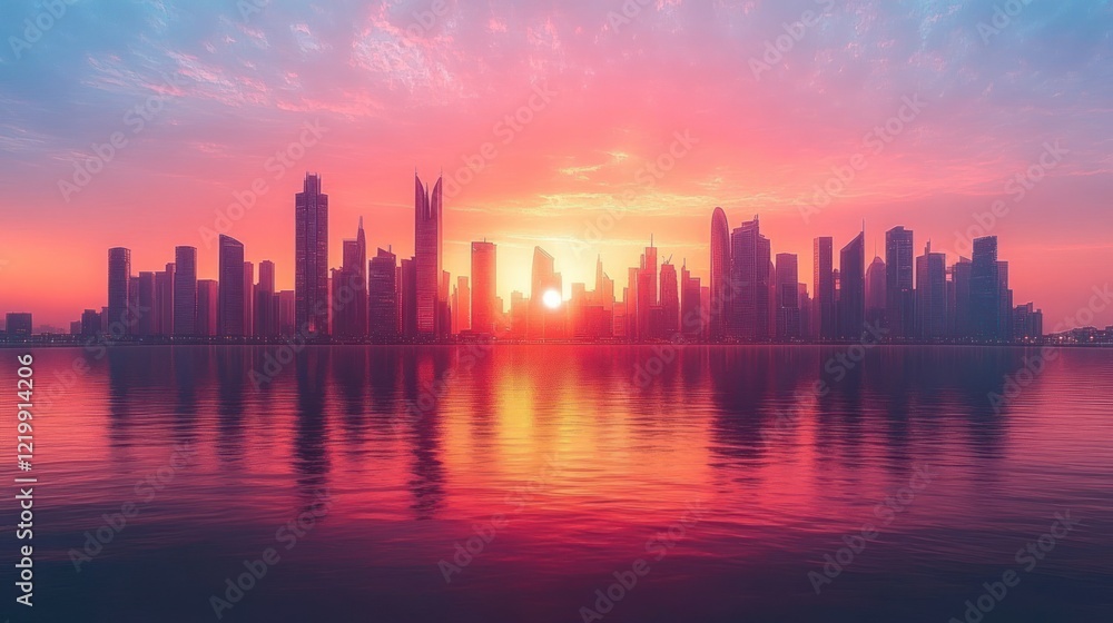 Fototapeta premium Futuristic City Skyline at Sunset Vibrant Colors with Skyscrapers Reflected in Water
