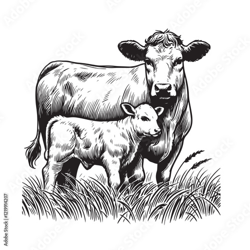 Cow and calf line art illustration