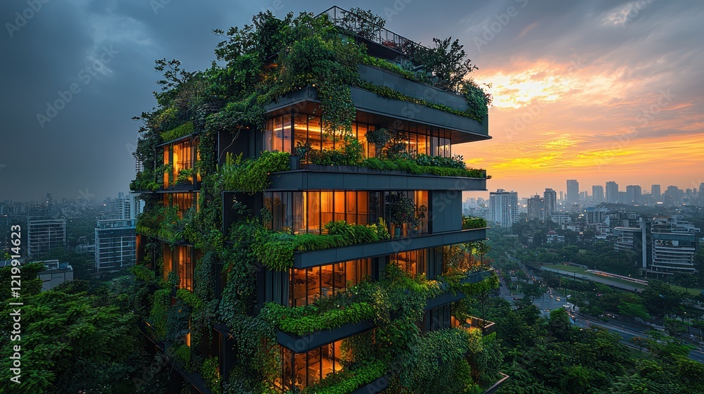 Urban Oasis: A Verdant Skyscraper at Sunset Urban Oasis: A Verdant Skyscraper at Sunset