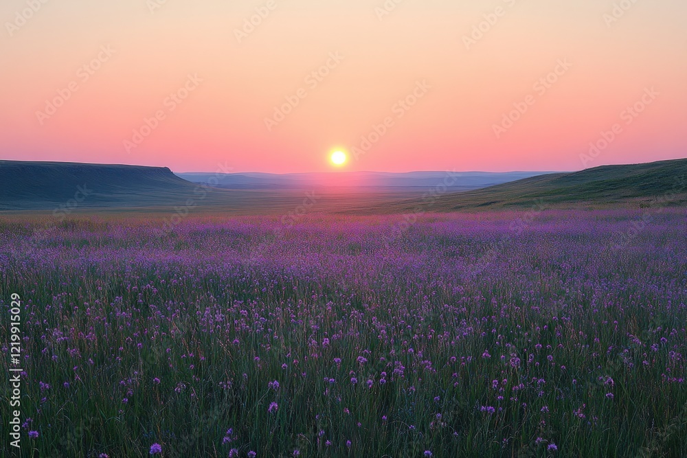 Naklejka premium Sunset over purple wildflowers, serene landscape.