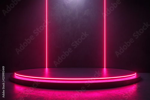 Abstract futuristic neon background with glowing lines and light effects, creating an empty virtual space for design or presentation of products.  photo