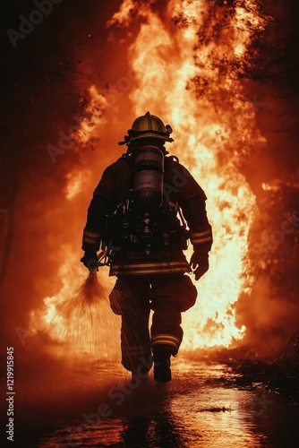 Wallpaper Mural A brave firefighter sprays water to extinguish a large fire, wearing protective gear created by ai Torontodigital.ca