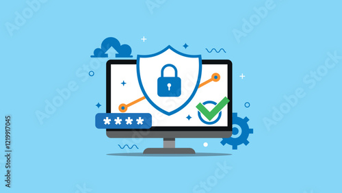 Data protection, internet security, antivirus protection on display computer. Flat design vector illustration. Can used for presentation, background, banner. etc
