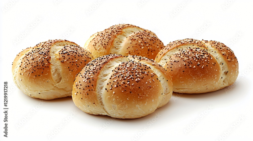 Four fresh poppy seed bread rolls on white background, for food, breakfast, lunch Four fresh poppy seed bread rolls on white background, for food, breakfast, lunch