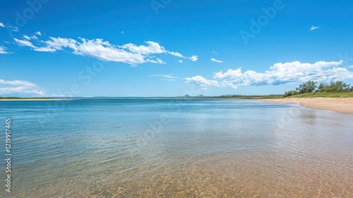 A beautiful beach with a clear blue sky and calm water