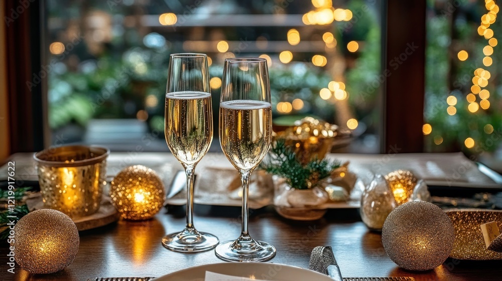 Fototapeta premium Elegant New Year Celebration Table Setting with Sparkling Champagne and Golden Decor