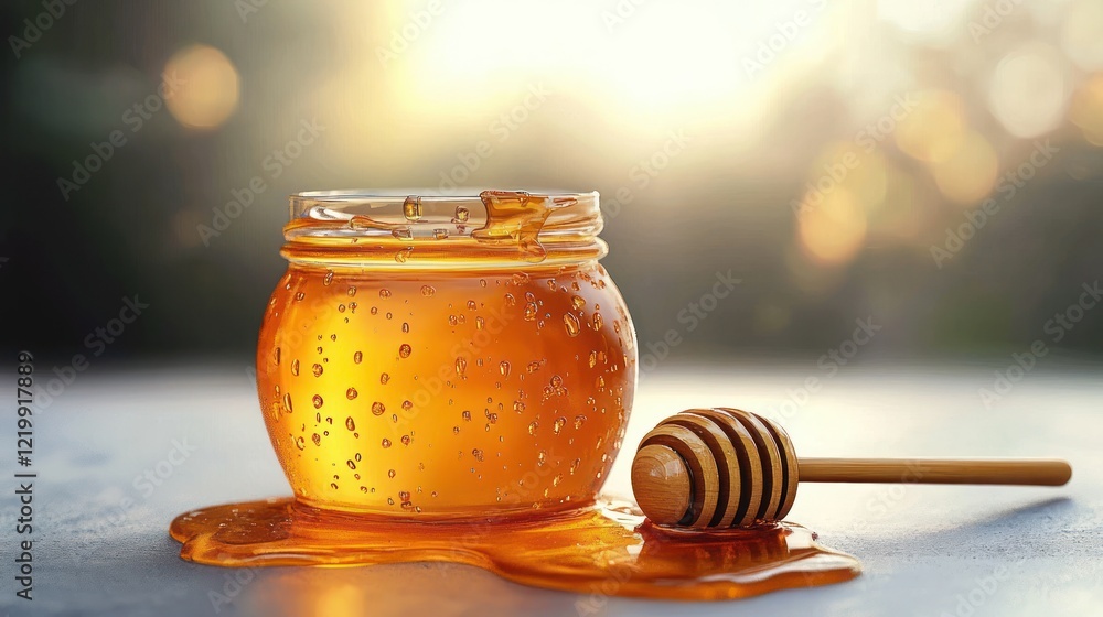 Hyperrealistic honey in jar with dipper on white background for packaging design Hyperrealistic honey in jar with dipper on white background for packaging design