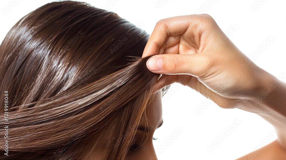 Obraz premium A woman with glossy hair, running her fingers through it. on an isolated white background, object focused, png, stock image, hd quality