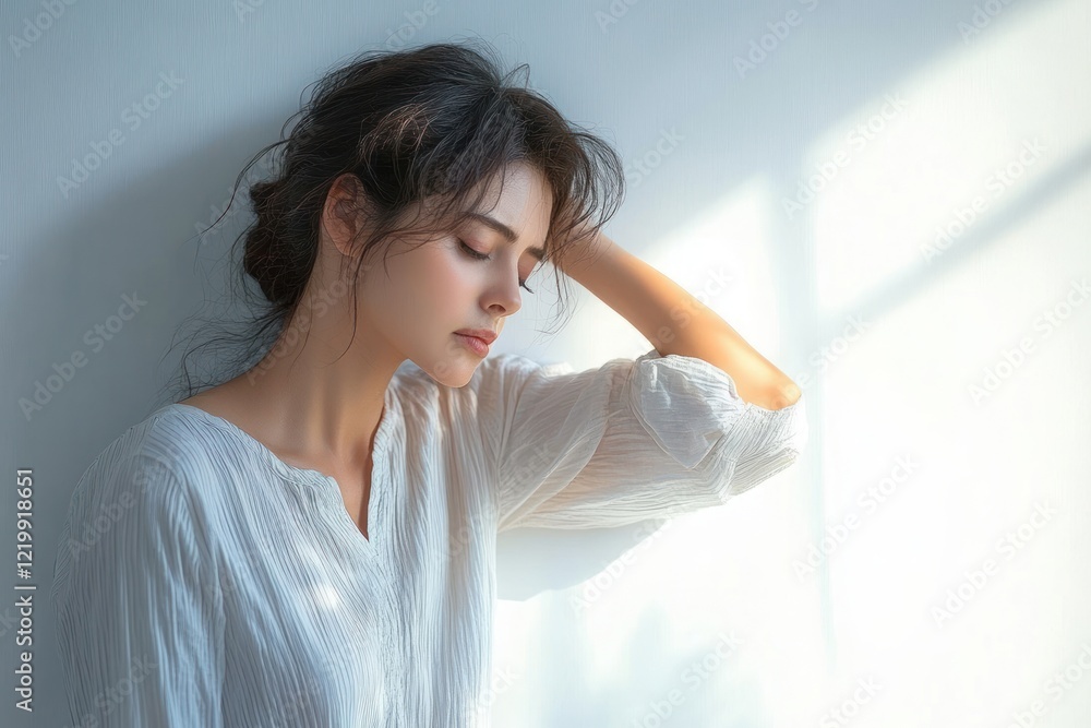 Elderly Woman Suffering from Migraine and Dizziness at Home Leaning Against Wall Elderly Woman Suffering from Migraine and Dizziness at Home Leaning Against Wall