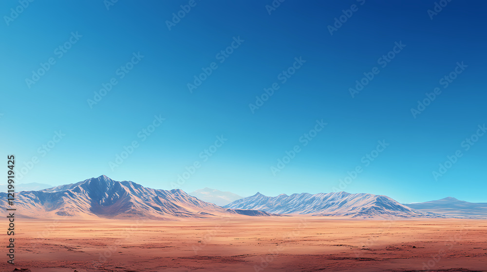 Fototapeta premium Panoramic view of a vast, flat desert landscape under a clear blue sky,. Desert Frost. Illustration