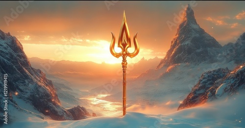 Golden Trident of Shiva in Majestic Snowy Mountains at Sunrise photo