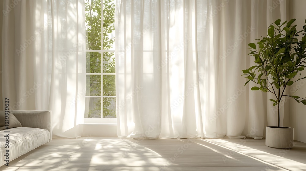 Fototapeta premium Soft natural light gently filters linen curtains