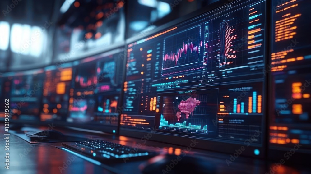 Futuristic Control Room with Business Process Automation Insights and Data Visualizations Futuristic Control Room with Business Process Automation Insights and Data Visualizations