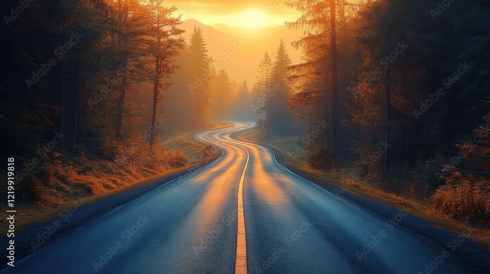 Fototapeta premium Winding Road Through Dense Forest at Sunrise with Golden Light and Photorealistic Details