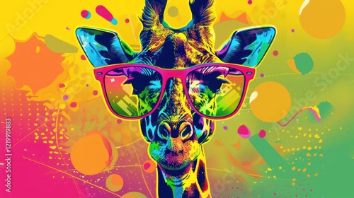  A funny animated poster of a giraffe with oversized glasses, goofy grin, and an exaggerated neck, set against a pastel rainbow with playful patterns.