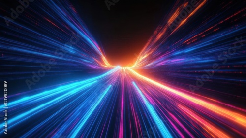High Speed Optical Data Transmission Through Abstract Glowing Lines in Dark Cyberpunk Landscape