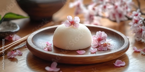 Wallpaper Mural Japanese Dessert Daifuku Mochi Rice Flour Sweet Sticky Pastry with Cherry Blossom Flower Petals on Wooden Plate Torontodigital.ca