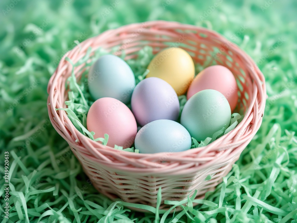 Basket of pastel Easter eggs on green grass. Basket of pastel Easter eggs on green grass.
