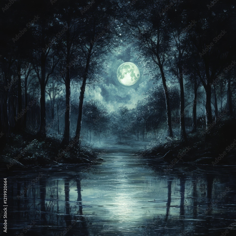 Fototapeta premium Moonlit forest river scene at night, reflecting moonlight on calm water.