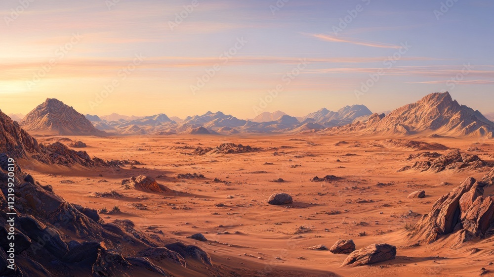 Naklejka premium Panoramic view of a vast, orange desert landscape at sunset, featuring rocky mountains in the background and scattered rocks across the foreground.
