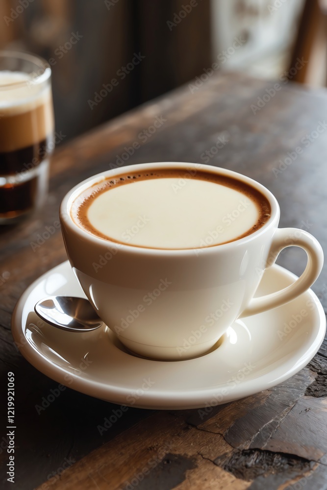 A cup of coffee with creamy foam, resting on a wooden table, inviting for a warm drink. A cup of coffee with creamy foam, resting on a wooden table, inviting for a warm drink.
