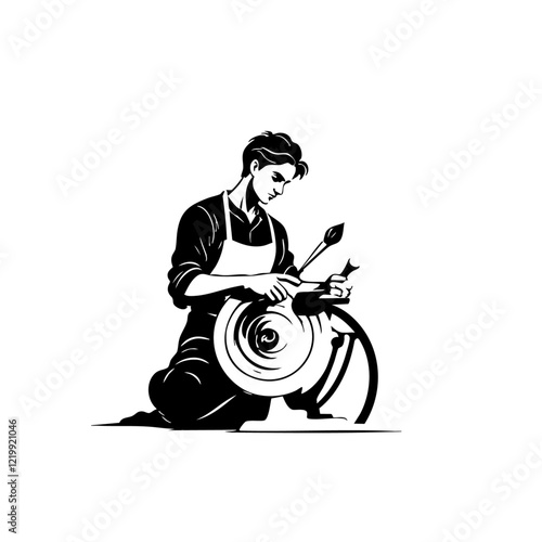 Potter Shaping Clay on Wheel Minimal Logo Design