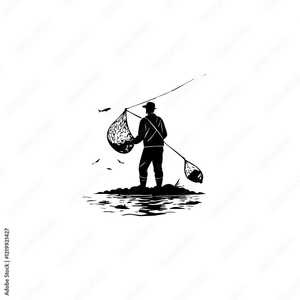 Fototapeta premium Fisherman with Net Minimal Logo Design