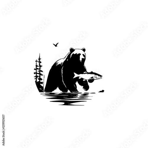 Bear Catching Fish Vector Logo Design