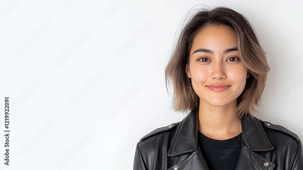 Malay happy woman wearing black leather jacket smiling isolated on white background Malay happy woman wearing black leather jacket smiling isolated on white background