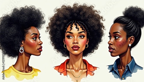 A Digital Art Highlighting Diversity: Three Women Celebrate Black History Month with Vibrant Hairstyles photo