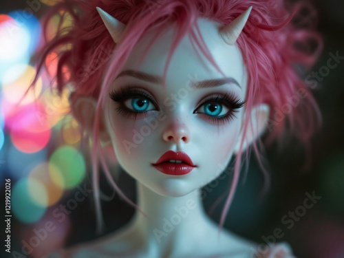 Wallpaper Mural Doll with pink hair and blue eyes amidst colorful bokeh lights. Torontodigital.ca