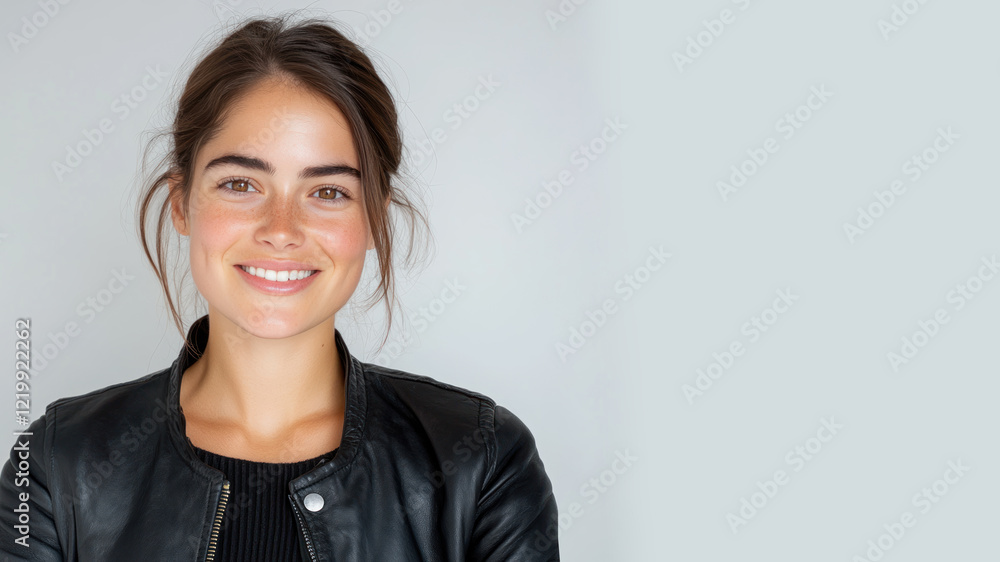Fototapeta premium Australian happy woman wearing black leather jacket smiling isolated on white background