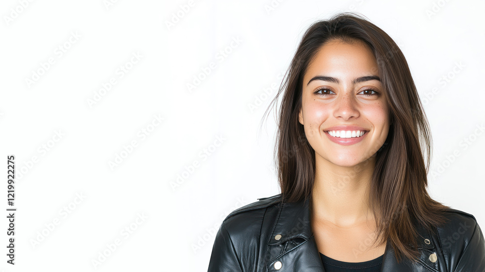 Hispanic happy woman wearing black leather jacket smiling isolated on white background