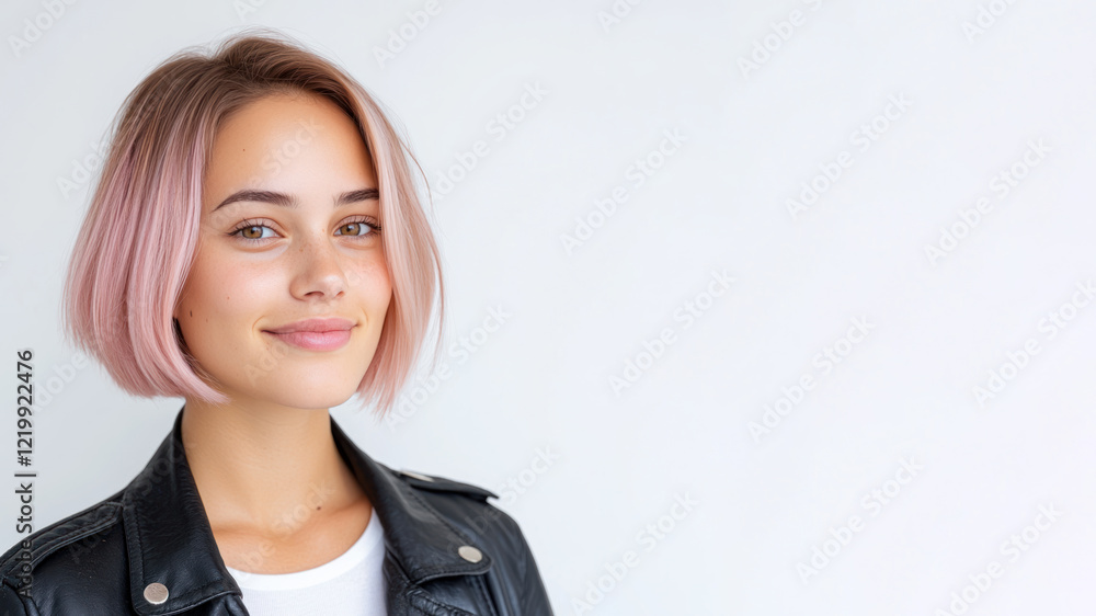 Colorful hair happy woman wearing black leather jacket smiling isolated on white background Colorful hair happy woman wearing black leather jacket smiling isolated on white background