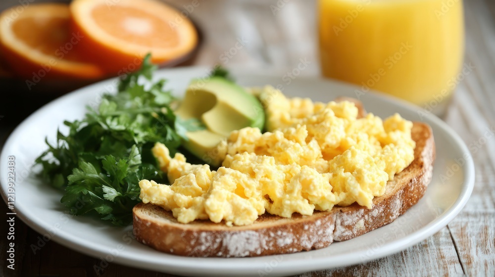 Scrumptious Scrambled Eggs on Toast with Avocado and Parsley Scrumptious Scrambled Eggs on Toast with Avocado and Parsley